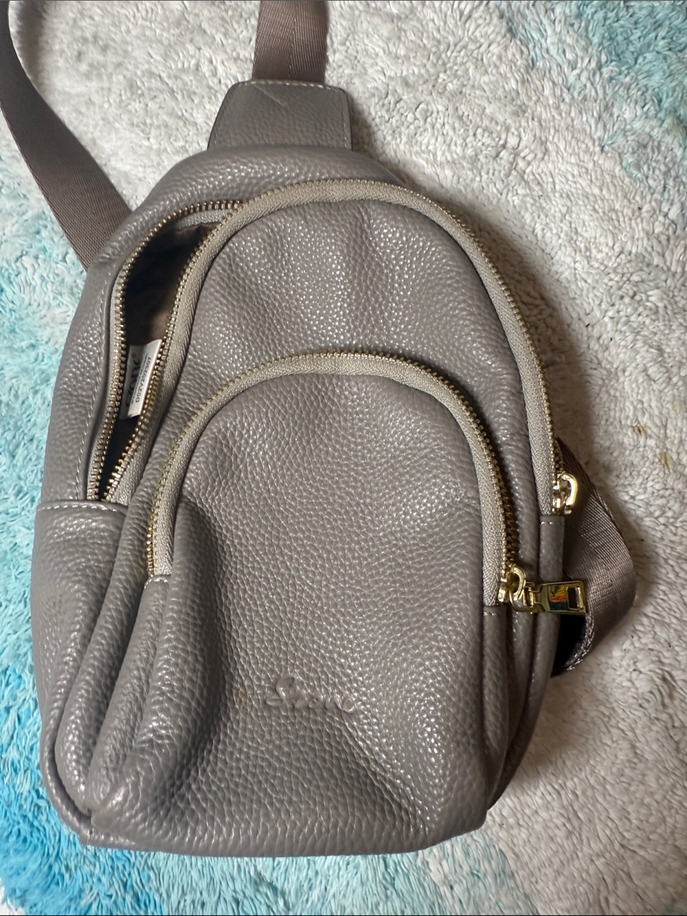 Pebbled Gray Leather Crossbody Sling Bag with Gold Hardware